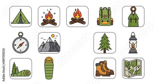 Camping and Hiking Gear Icons Set.