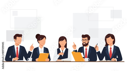 Business Meeting: Diverse Team Discussing Ideas at Table with Blank Speech Bubbles
