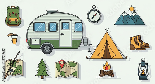Camping and outdoor adventure equipment illustration.