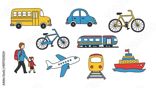 Transportation Means: A variety of transportation options, from airplanes to bicycles, and the presence of individuals, depicting the versatility and accessibility of travel methods. 