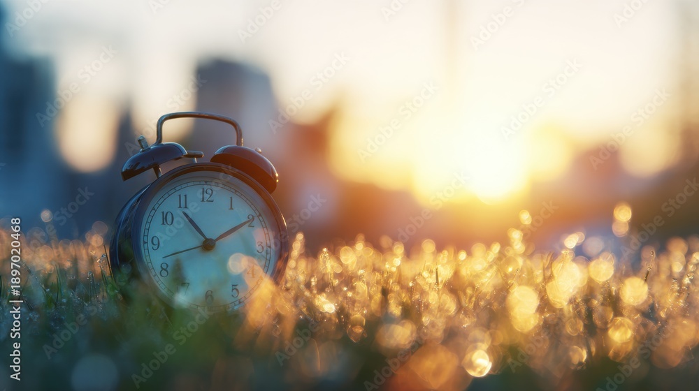 Obraz premium Clock on grass at sunrise with city skyline in background