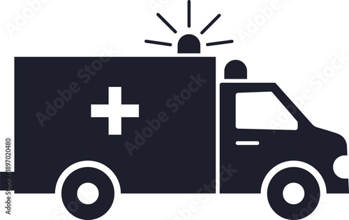 Minimalist flat design illustration of an emergency ambulance with a medical cross and flashing siren