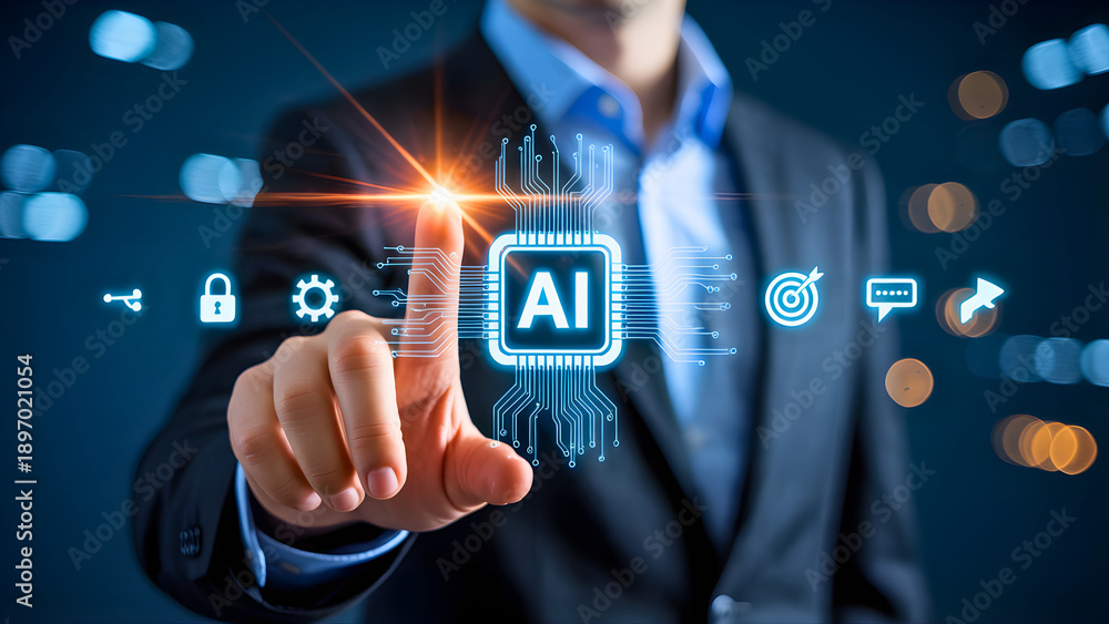Obraz premium Businessman Interacting with Artificial Intelligence Virtual Screen, Driving Innovation and Future Technology