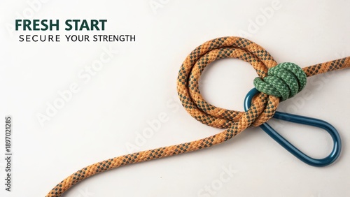 Climbing rope loop and carabiner on white background