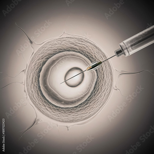 A syringe artificially fertilizes a female egg cell. Macro illustration on a scientific and medical topic
