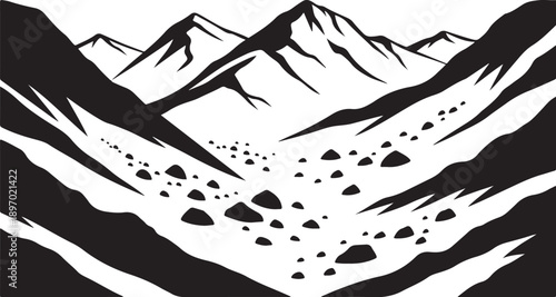 Black and White Mountain Landscape with Silhouette Peaks Scene