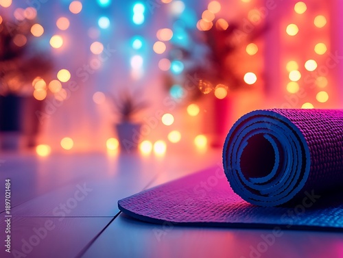 Rolled yoga mat awaits practice in a neon-lit, tranquil space ambiance