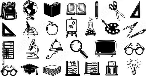 Hand-drawn Black and White Line Art Education Icons Set with School Supplies, Learning Tools, and Academic Symbols Collection