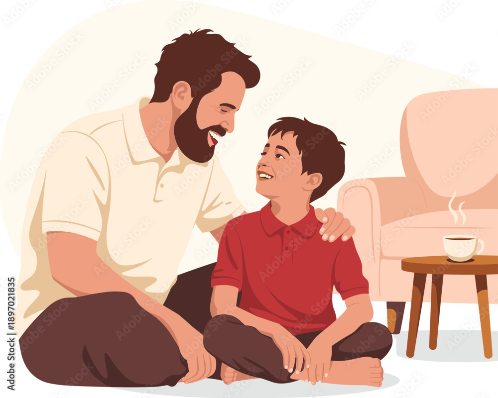 Obraz premium Loving father and son spending quality time together at home happy family moment cheerful dad with beard embracing young boy sitting on floor in cozy living room relationship bonding parenting lifesty