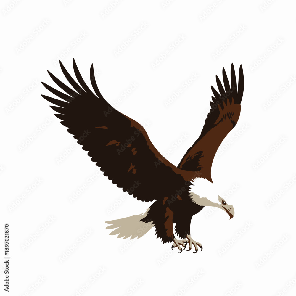 Fototapeta premium Illustration of a majestic bald eagle in mid-flight with wings spread wide, showcasing its powerful talons and distinctive white head against a clear sky