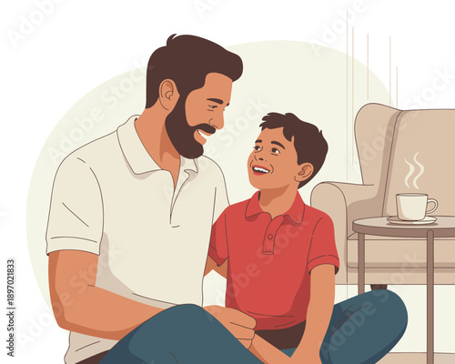 Loving father and son bonding together at home in cozy living room happy cheerful family moment concept parent child relationship illustration for fathers day greeting cards family blog posts lifestyl