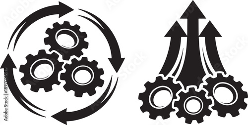 Black and white illustration of gears and upward pointing arrows representing process