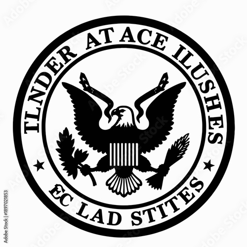 Monochrome Emblem Featuring Eagle Holding Branch and Arrows with Text Around Circular Border