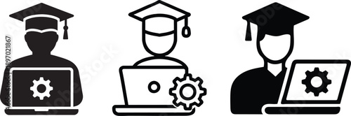 Three graduation cap icons depicting students with laptops in black and white