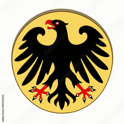 Heraldic Black Eagle Emblem on a Golden Background with Red Accents and Stylized Feathers Symbolizing Traditional Nobility and Strength