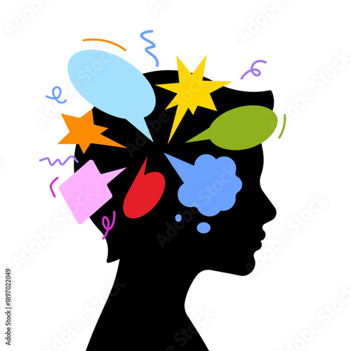 Boy head silhouette with chaotic colorful speech bubbles. Simplicity vector illustration, isolated.