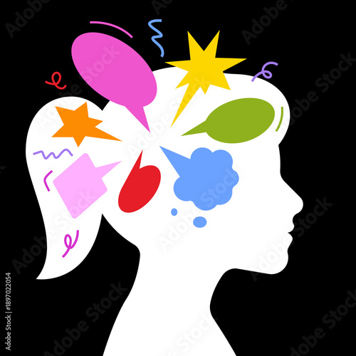 Girl head silhouette with colorful speech bubbles symbolizing imagination, emotions and active thinking. Simplicity vector illustration, isolated.