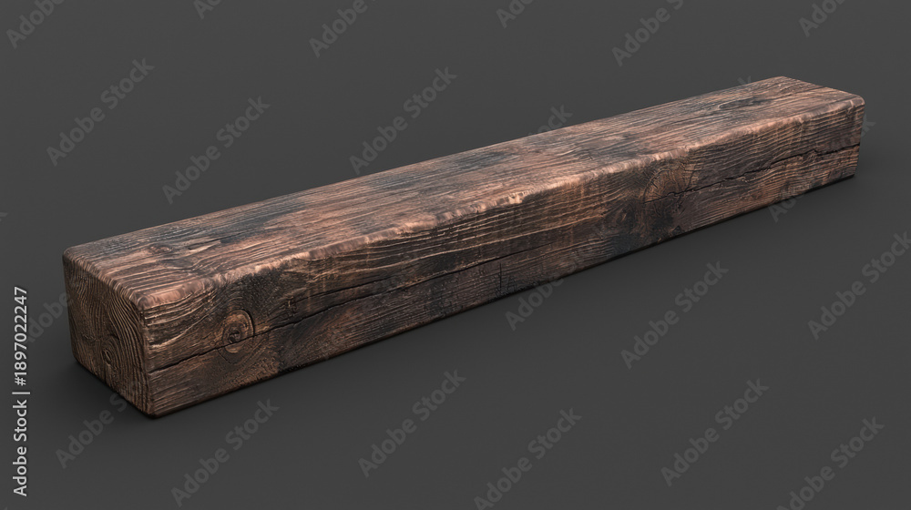 Fototapeta premium An aged wooden beam with a rich dark stain showcases its rustic texture and visible grain, rendered against a plain background in a studio setting creating depth.