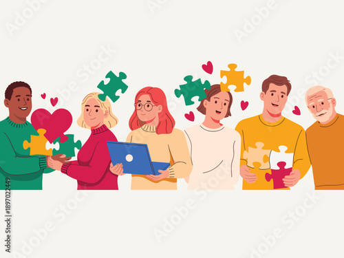 Diverse community people connecting puzzle pieces symbolizing teamwork collaboration unity cooperation working together vector illustration for business solutions social support educational projects c