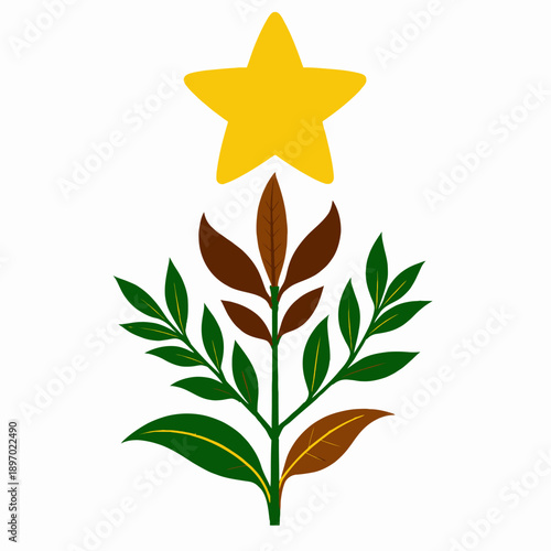 Illustration of a star positioned above a stylized tree with green and brown leaves on a white background symbolizing growth and aspiration