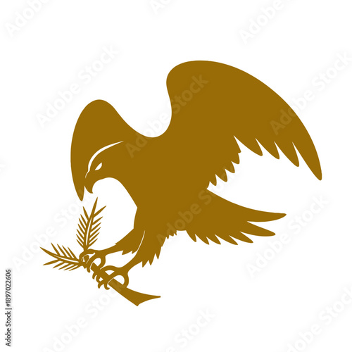 Golden Eagle Silhouette Grasping Olive Branch Symbolizing Peace and Strength on a Clean White Background