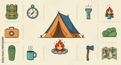 Camping Equipment Icons Collection Outdoor Adventure Gear.