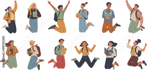Diverse group of cheerful students jumping with books and backpacks celebrating academic success and educational achievement in modern minimalist vector illustration for university college back to sch