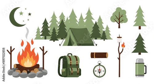 Camping gear and campfire illustration with forest background.