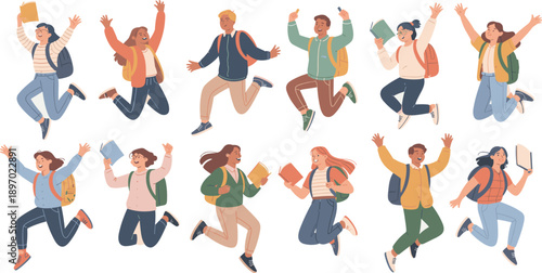Diverse group of happy students jumping with backpacks and books in air celebrating academic success achievement in modern flat vector illustration for school education university college admission pr