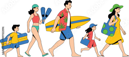Happy family vacation walking with surfboards and beach gear summer holiday travel together joyful active lifestyle tourism vacation concept for marketing advertising family travel agency website or s