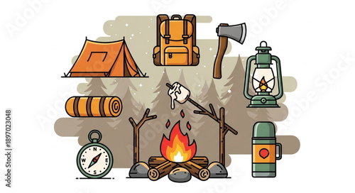 Camping gear and campfire illustration with trees in background.