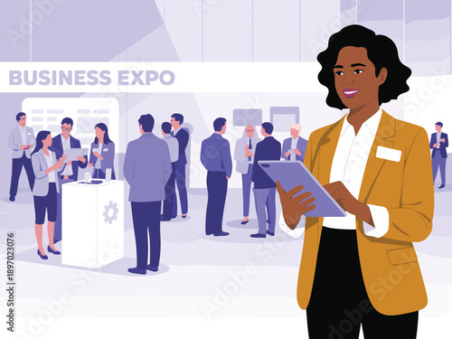 Confident African American businesswoman using tablet at business expo trade show event professional networking conference modern corporate presentation graphic illustration for marketing technology i