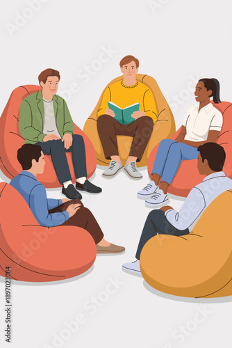 Diverse group of people sitting in circle on beanbag chairs meeting together discussing ideas brainstorming in modern office space casual creative teamwork collaboration employee engagement for busine