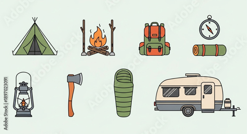 Camping Gear and Equipment Collection Flat Design Icons.