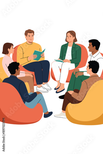 Diverse group of people sitting in circle reading books in modern colorful beanbag chairs for book club meeting literature discussion literature review community engagement novel study education train