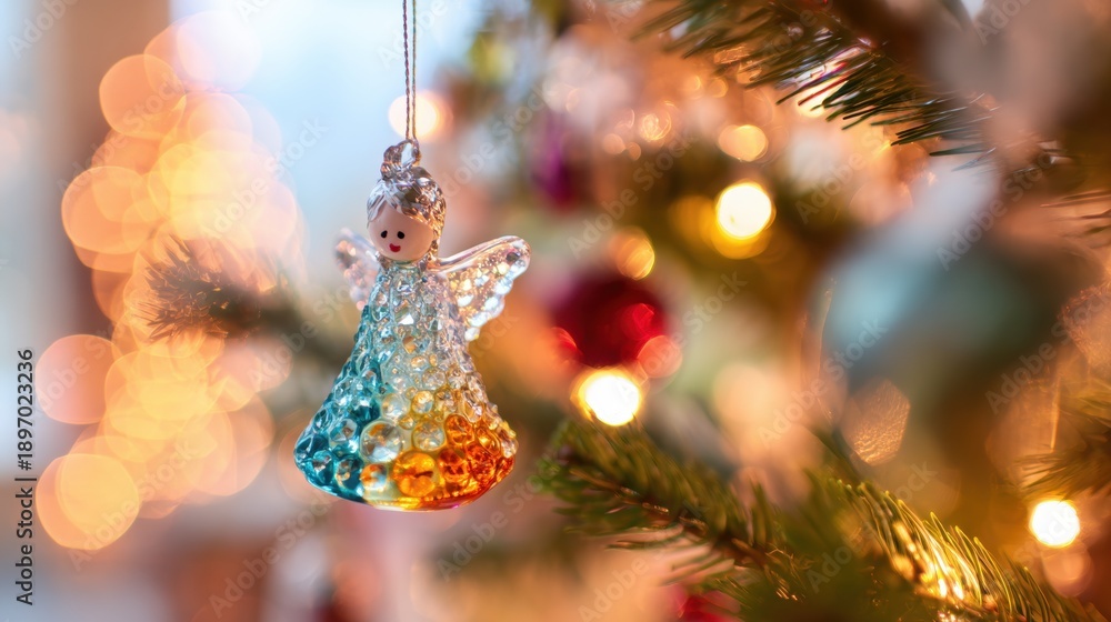 Fototapeta premium Colorful angel ornament hanging from a Christmas tree branch in a warm setting