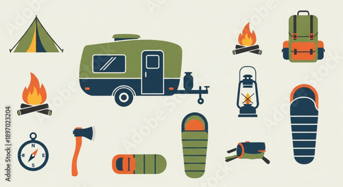 Camping Gear and Equipment Collection Flat Design.