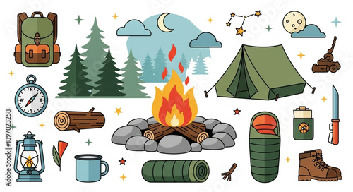 Camping Gear and Outdoor Adventure Elements Collection.