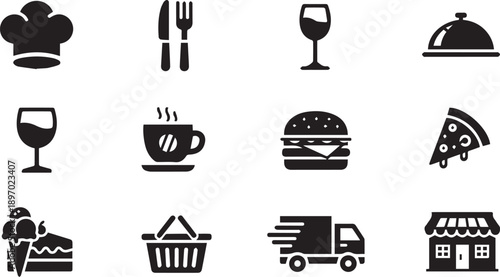 Large Professional Black Technology Icon Set Featuring Wireless Signal Routers Computer Monitors Data Servers and Electronic Network Hardware Symbols