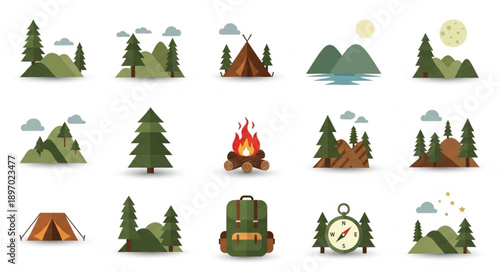 Camping and Outdoor Adventure Icons Set.