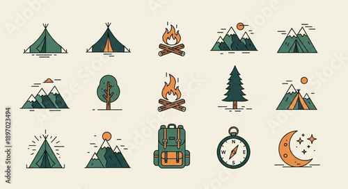 Camping and Outdoor Adventure Icons Set.