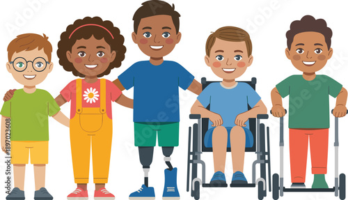 Diverse group of happy children with disabilities standing together smiling child in wheelchair with prosthetic limb and crutches vector illustration for inclusive education accessibility awareness an
