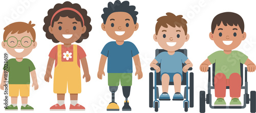 Diverse group of happy cartoon children with disabilities and without disability smiling together for inclusive education and disability awareness campaigns in school environment promoting equality an