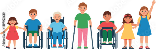 Diverse group of happy children with disabilities posing together illustration cheerful kids in wheelchairs and with walking assistance for inclusive education and disability awareness campaigns in sc