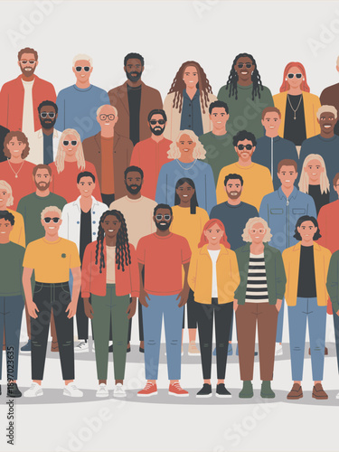 Diverse group of people standing together in crowd of multiethnic men and women for corporate diversity inclusion initiative marketing campaign or human resources website representing community suppor