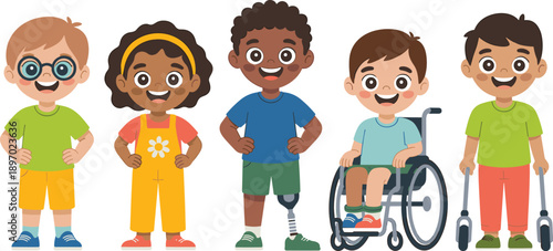 Diverse group of cartoon children standing together smiling happy inclusive kids with disabilities and prosthetic limb in wheelchair friendship and support childhood education health care awareness fo