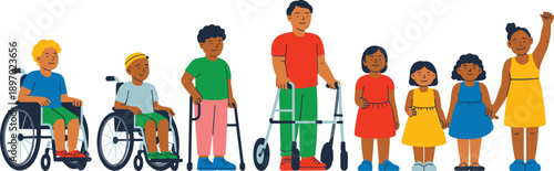 Diverse group of children with disabilities standing together illustration representing inclusion and accessibility for all young people promoting awareness and support for disability rights in educat