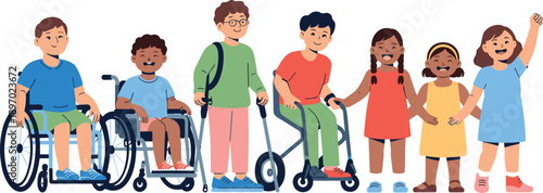 Diverse group of happy children with disabilities standing together smiling cartoon illustration inclusive classroom setting promoting disability awareness and acceptance kids with wheelchairs and mob
