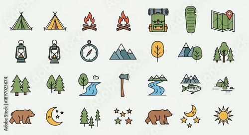 Camping and Outdoor Adventure Icons Set.