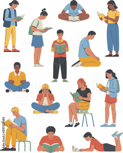 Diverse group of students reading books in various poses illustration for educational content young adult characters studying learning knowledge library concept for school college university projects